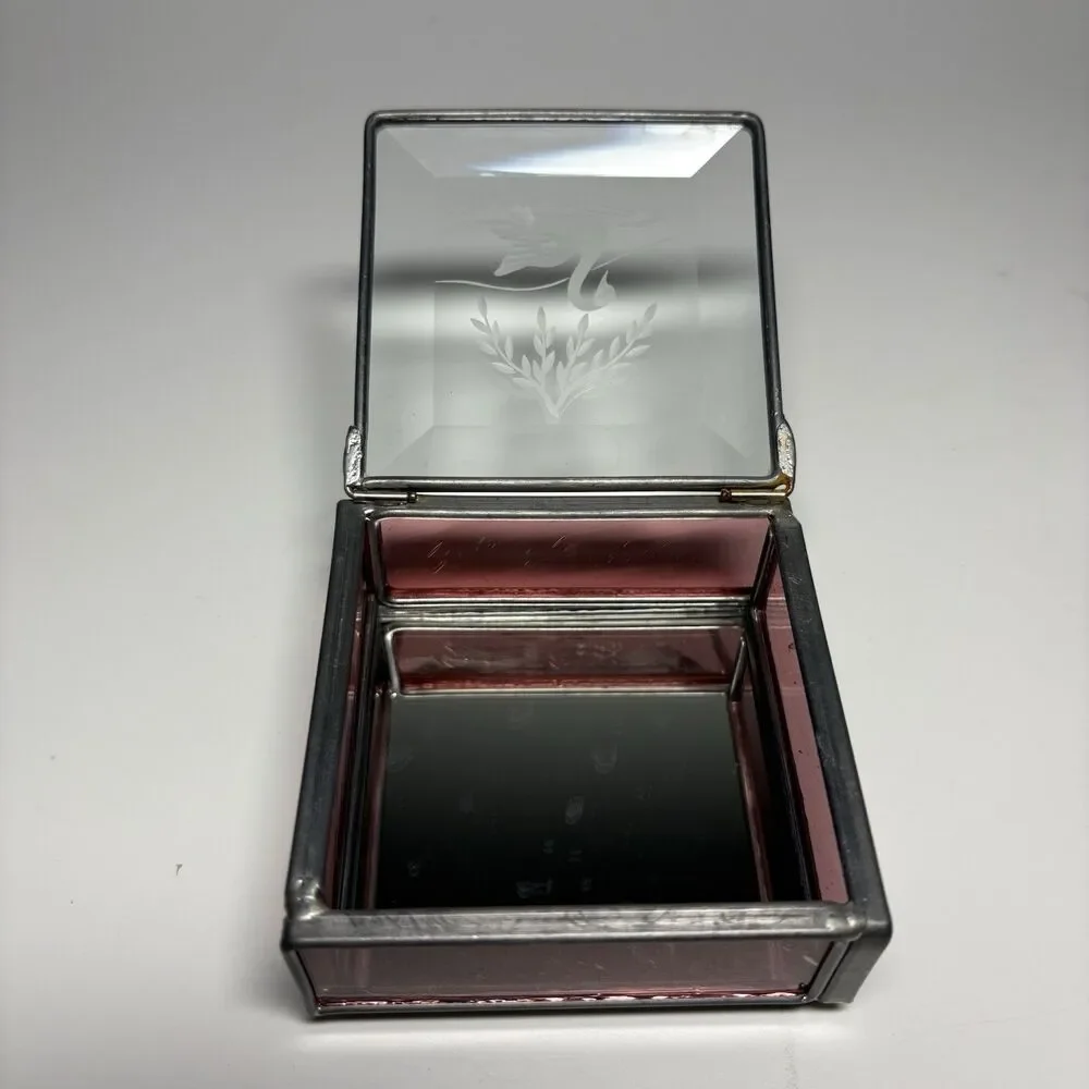 Vintage Beveled Glass Trinket Jewelry Box Etched Swan Mirrored Pink